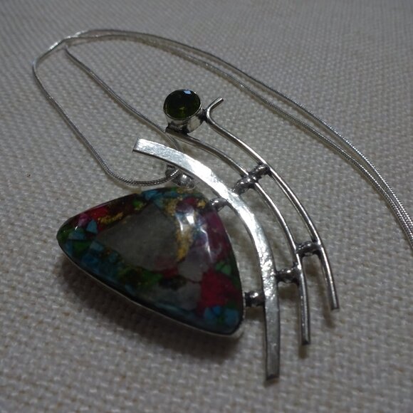 Beautiful "OYSTER TURQUOISE & PERIDOT" Handmade Sterling Pendant/Chain #762B - Picture 3 of 3